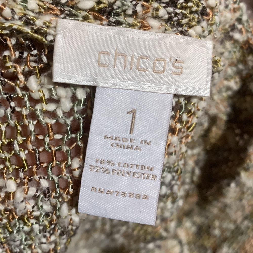 Chico's Sweater Cardigan Open Front Green Brown Cream Size 1 M Short Sleeve - Picture 11 of 14